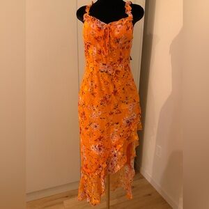 Lovable Spirit Orange Floral Burnout Ruffled High-Low Maxi Dress